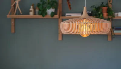 Lampe med hylle i bakgrunn