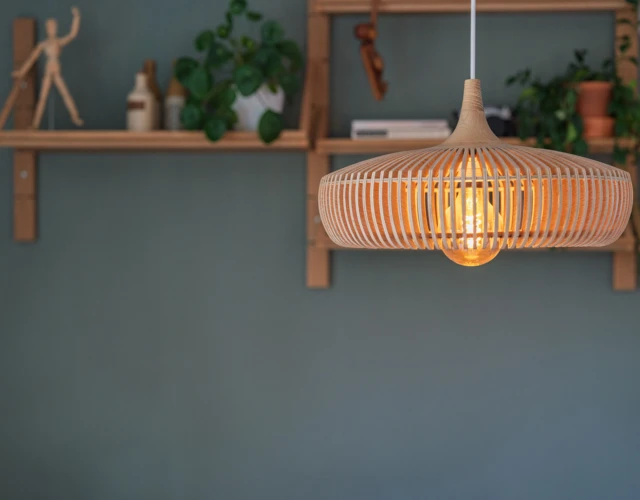 Lampe med hylle i bakgrunn